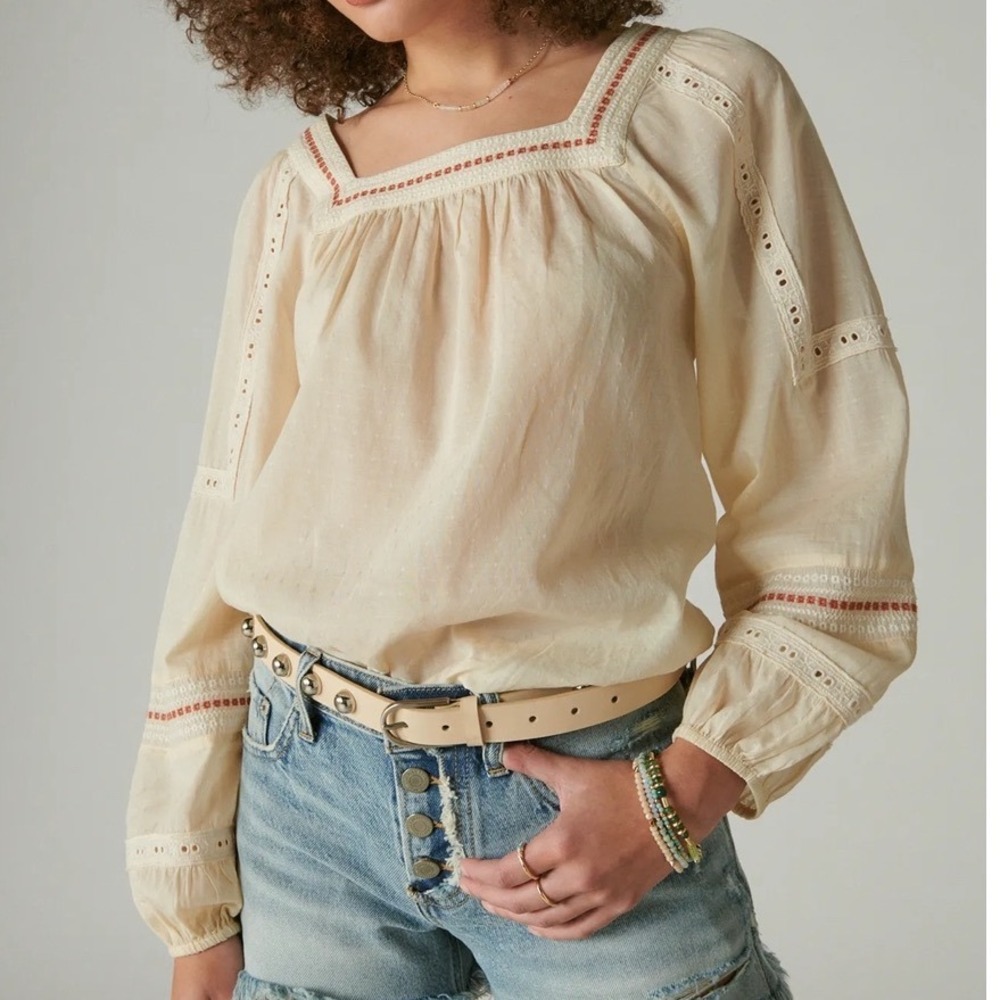 Lucky Brand Cream Swiss Dot Eyelet Lace Peasant Blouse XXL Square Neck Boho Top